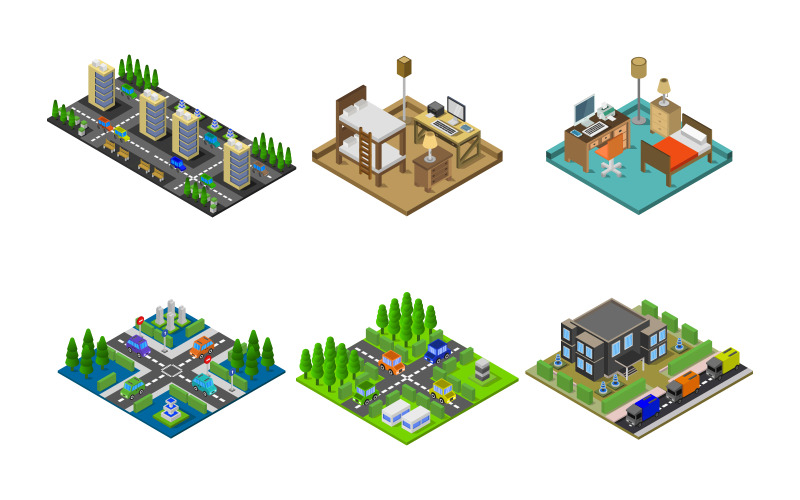 Conjunto de edificios isométricos - imagen vectorial