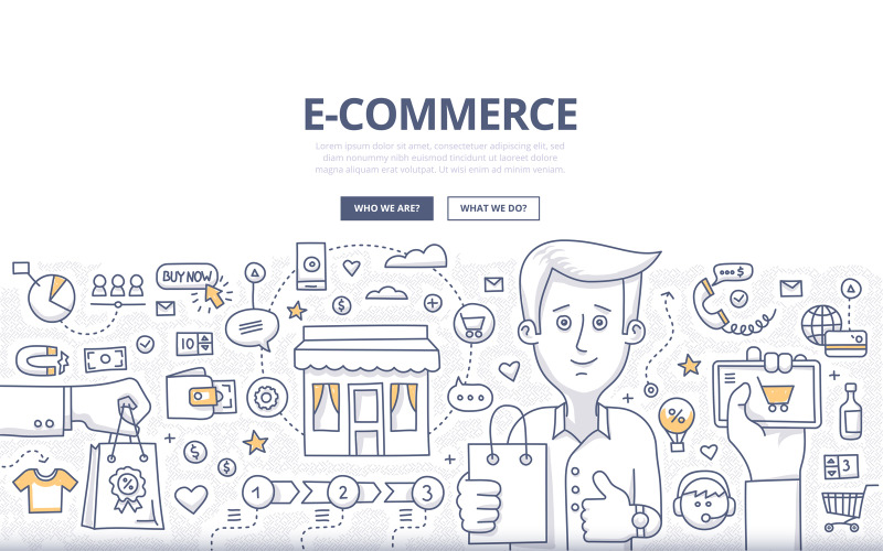 Download Vector "E-commerce Doodle Concept - Vector Image" / E-commerce Doodle Concept - Vector Image - Vector на тему графика retail,vector,store,business,cart,e-commerce,shopping,product,online,customer,discount,buy,money,payment,card,doodle,concept,internet,purchase,consumerism