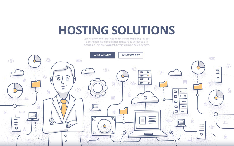 Download Vector "Hosting Solutions Doodle Concept - Vector Image" / Hosting Solutions Doodle Concept - Vector Image - Vector на тему графика vector,hosting,service,computer,equipment,network,connection,computing,concept,internet,traffic,hardware,storage,data center,database service,file exchange,hard drive,provider,web technology