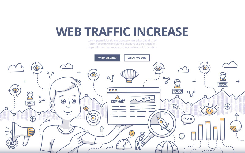 Download Vector "Web Traffic Doodle Concept - Vector Image" / Web Traffic Doodle Concept - Vector Image - Vector на тему графика web,business,marketing,seo,search,optimization,statistics,increase,development,success,concept,internet,traffic,hits,improve,visitor,boost,page views,popular,chart