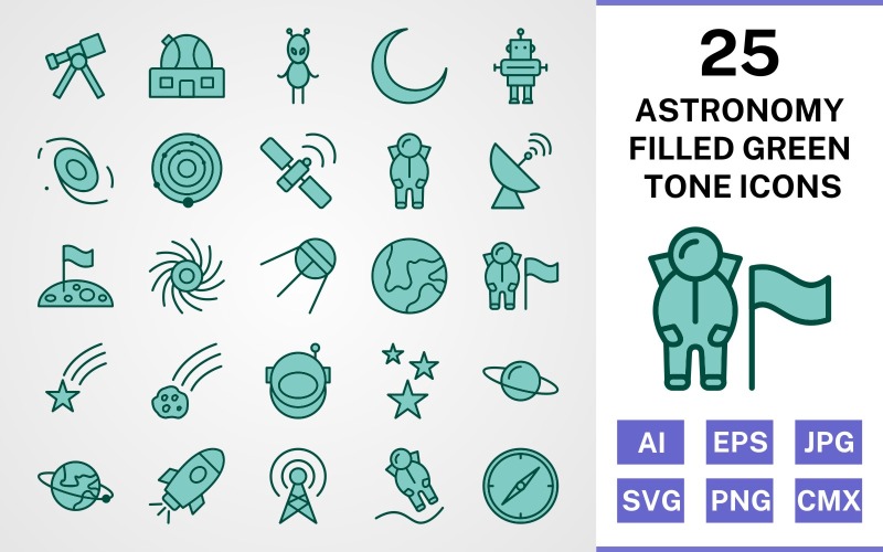 Download Набор иконок "25 Astronomy Filled Green Tone Icon Set" / 25 Astronomy Filled Green Tone Icon Set - Набор иконок на тему science set,file,icon,icons,filled,vector,sign,symbol,pictogram,green,tone,astronomy,astronout,galaxy,telescope,stars,compass,falling star,space station,solar system