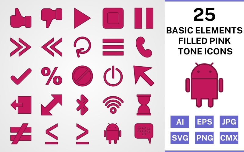 Download Набор иконок "25 Basic Elements Filled Pink Tone Icon Set" / 25 Basic Elements Filled Pink Tone Icon Set - Набор иконок на тему data set,file,icon,icons,filled,vector,sign,symbol,pictogram,pink,tone,basic elements,play,stop,tick,like,cursor,android,blackberry,menu
