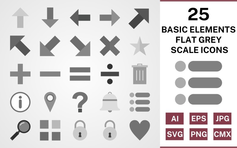 Download Набор иконок "25 Basic Elements Flat Greyscale Icon Set" / 25 Basic Elements Flat Greyscale Icon Set - Набор иконок на тему data set,file,icon,icons,flat,vector,sign,symbol,pictogram,greyscale,basic elements,up,down,apps,lock,list,minus,delete,divide