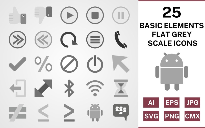 25 basiselementen platte grijswaarden Icon Set