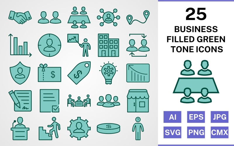 Download Набор иконок "25 Business Filled Green Tone Icon Set" / 25 Business Filled Green Tone Icon Set - Набор иконок на тему графика set,file,icon,icons,filled,vector,sign,symbol,pictogram,green,tone,business,office,shop,speech,decison making,route,handshake,management,working team