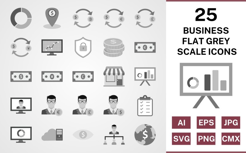 Download Набор иконок "25 Business Flat Greyscale Icon Set" / 25 Business Flat Greyscale Icon Set - Набор иконок на тему финансы set,file,icon,icons,flat,vector,sign,symbol,pictogram,greyscale,business,pie chart,organization,world money,pound,coins,stock market,cloud data,planning