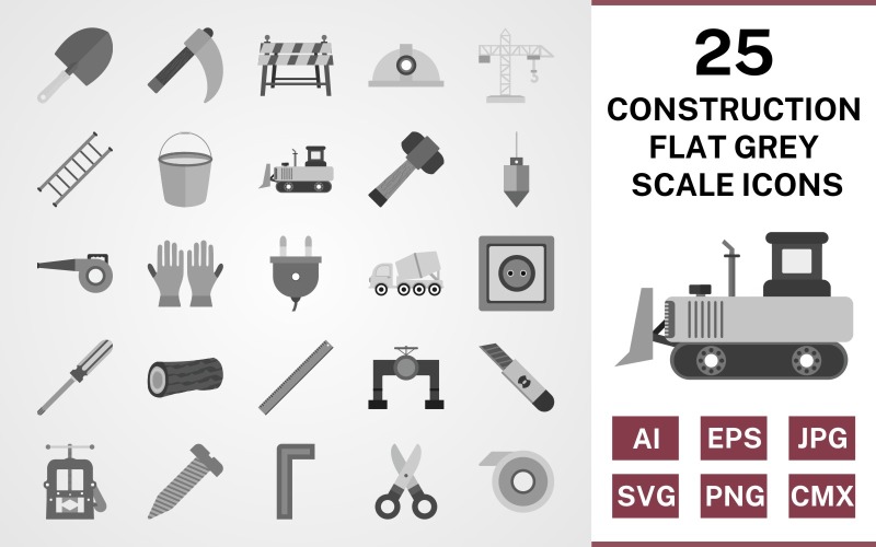 Download Набор иконок "25 Construction Flat Greyscale Icon Set" / 25 Construction Flat Greyscale Icon Set - Набор иконок на тему industrial set,file,icon,icons,flat,vector,sign,symbol,pictogram,greyscale,construction,trowel,ladder,bucket,vise,ruler,helmet,hammer,bulldozer