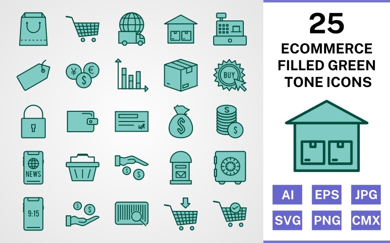 Download Набор иконок "25 Ecommerce Filled Green Tone Icon Set" / 25 Ecommerce Filled Green Tone Icon Set - Набор иконок на тему графика set,file,icon,icons,filled,vector,sign,symbol,pictogram,green,tone,ecommerce,buy,security,tag,vault,add to cart,payment,basket,cheque