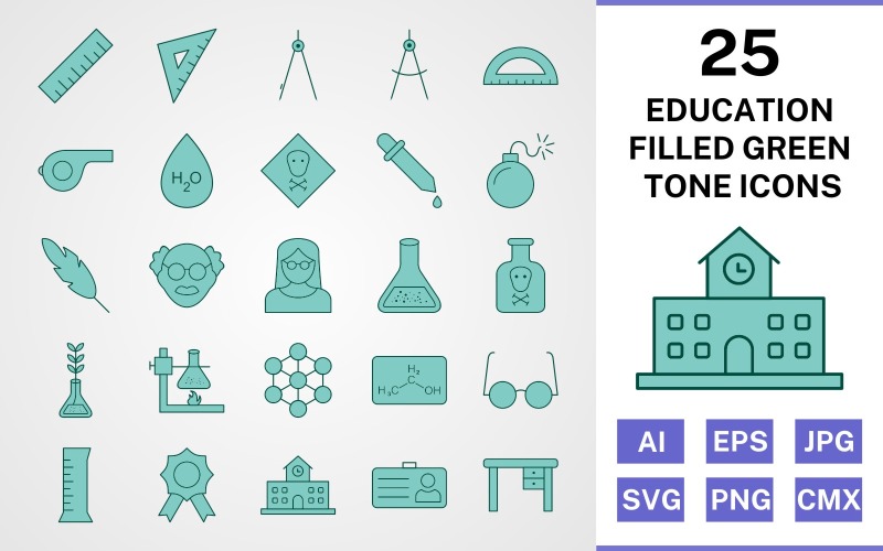Download Набор иконок "25 Education Filled Green Tone Icon Set" / 25 Education Filled Green Tone Icon Set - Набор иконок на тему science set,file,icon,icons,filled,vector,sign,symbol,pictogram,green,tone,education,toxic,scale,school,award,chemicals,beaker,divider,compass