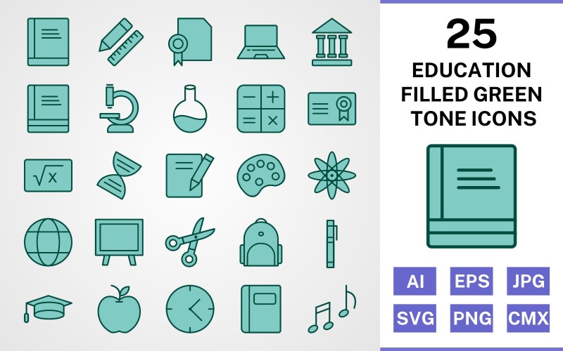 Download Набор иконок "25 Education Filled Green Tone Icon Set" / 25 Education Filled Green Tone Icon Set - Набор иконок на тему science set,file,icon,icons,filled,vector,sign,symbol,pictogram,green,tone,education,books,bagpack,notebook,flask,microscope,notes,markers,calculator