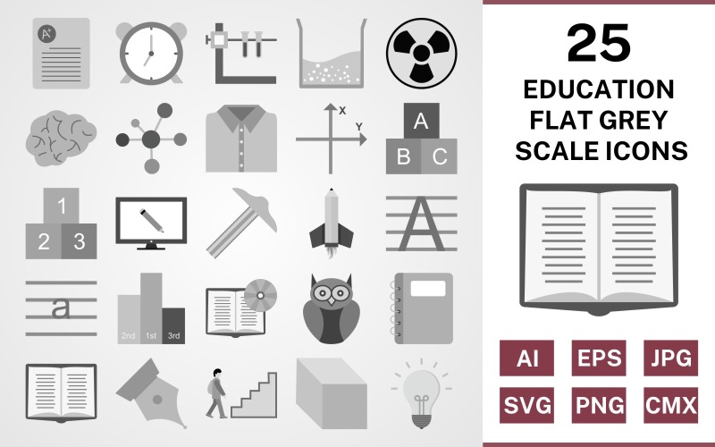 Download Набор иконок "25 Education Flat Greyscale Icon Set" / 25 Education Flat Greyscale Icon Set - Набор иконок на тему science set,file,icon,icons,flat,vector,sign,symbol,pictogram,greyscale,education,brain,cube,book dvd,open book,electron,alarm,notepad,radiation