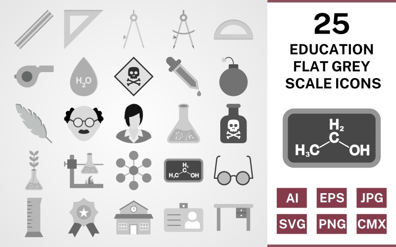 Download Набор иконок "25 Education Flat Greyscale Icon Set" / 25 Education Flat Greyscale Icon Set - Набор иконок на тему science set,file,icon,icons,flat,vector,sign,symbol,pictogram,greyscale,education,toxic,scale,school,award,chemicals,beaker,divider,compass