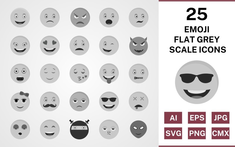 25 Emoji Flat Greyscale Icon Set