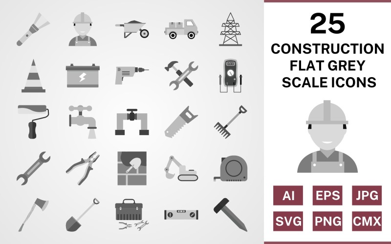 25 Ensemble d'icônes de construction plat en niveaux de gris