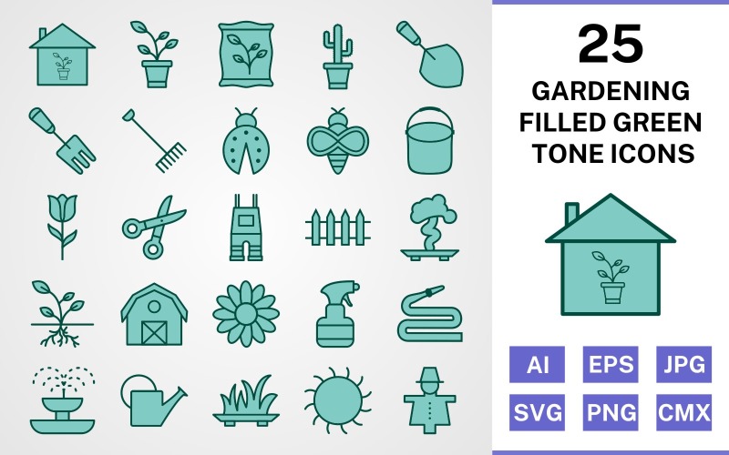 Download Набор иконок "25 Gardening Filled Green Tone Icon Set" / 25 Gardening Filled Green Tone Icon Set - Набор иконок на тему nature set,file,icon,icons,filled,vector,sign,symbol,pictogram,green,tone,gardening,sprout,pail,hose,barn,root,grass,watercan,trowel