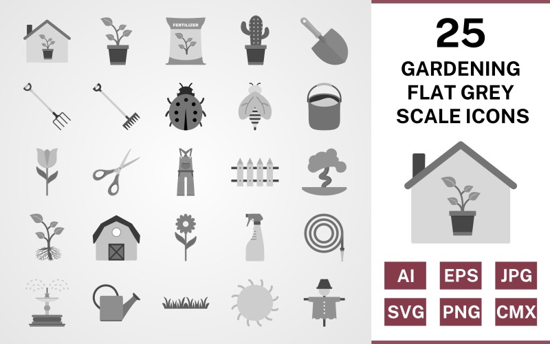 Download Набор иконок "25 Gardening Flat Greyscale Icon Set" / 25 Gardening Flat Greyscale Icon Set - Набор иконок на тему nature set,file,icon,icons,flat,vector,sign,symbol,pictogram,greyscale,gardening,sprout,pail,hose,barn,root,grass,watercan,trowel