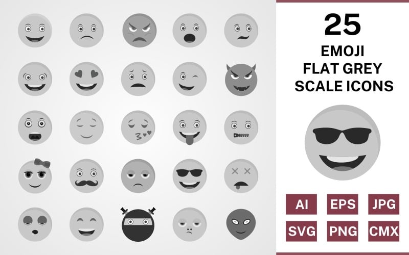 25 Emoji Flat Greyscale Icon Set #121790 - TemplateMonster