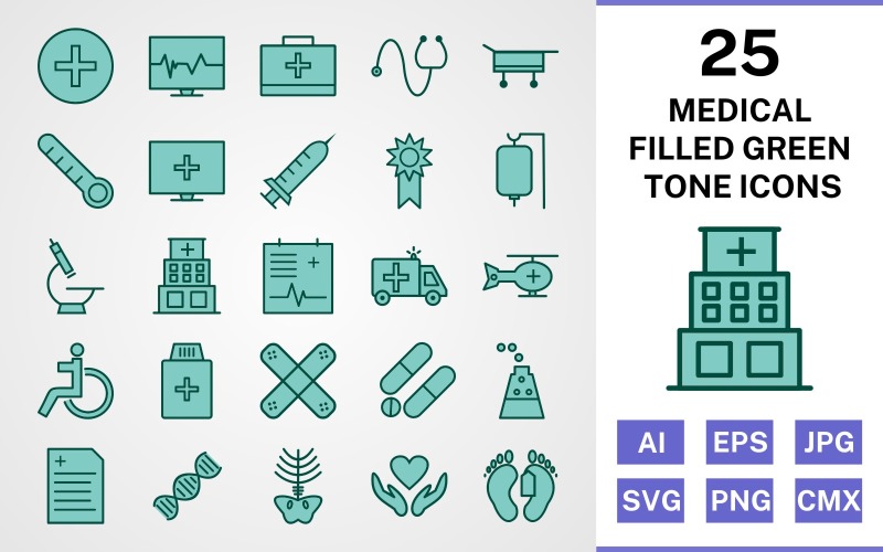 Download Набор иконок "25 Medical Filled Green Tone Icon Set" / 25 Medical Filled Green Tone Icon Set - Набор иконок на тему medical set,file,icon,icons,filled,vector,sign,symbol,pictogram,green,tone,medical,drip,xray,dna,report,toe tag,medicines,hospital,injection