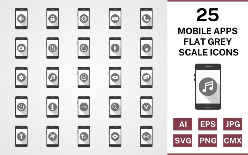 25 mobiele apps platte grijswaarden icon set