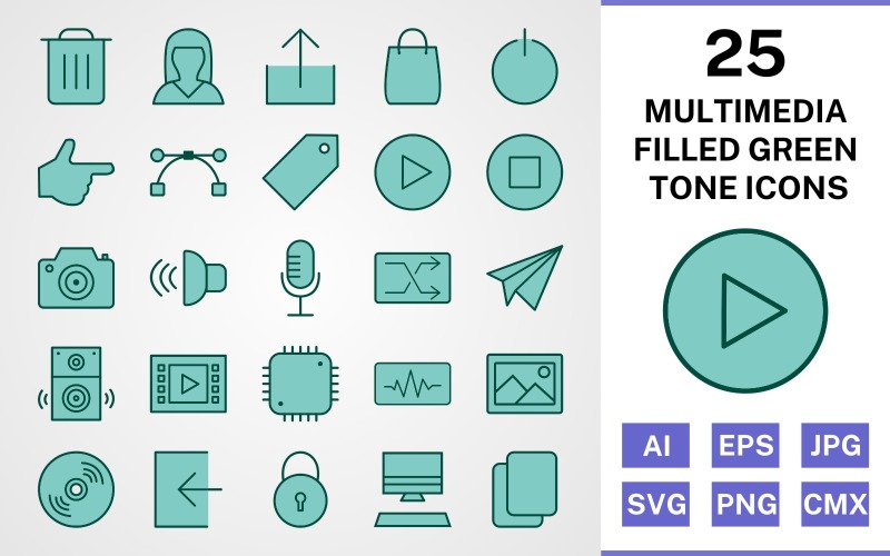 Download Набор иконок "25 Multimedia Filled Green Tone Icon Set" / 25 Multimedia Filled Green Tone Icon Set - Набор иконок на тему графика set,file,icon,icons,filled,vector,sign,symbol,pictogram,green,tone,multimedia,logout,copy,shuffle,play,stop,upload,speaker,sign in