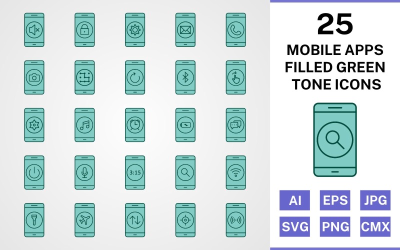 Набор иконок 25 мобильных приложений, заполненных зеленым тоном