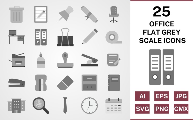 Download Набор иконок "25 Office Flat Greyscale Icon Set" / 25 Office Flat Greyscale Icon Set - Набор иконок на тему business set,file,icon,icons,flat,vector,sign,symbol,pictogram,greyscale,office,notepad,clock,tie,stamp,office chair,office table,post it,trash