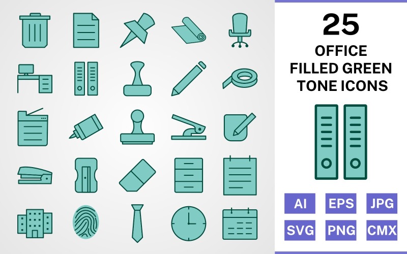 25 Office Gevulde Groene Toon Icon Set