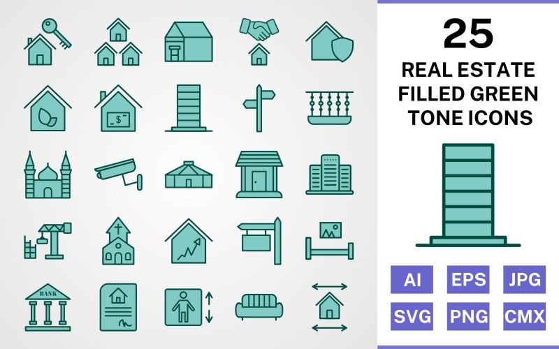 Download Набор иконок "25 Real Estate Filled Green Tone Icon Set" / 25 Real Estate Filled Green Tone Icon Set - Набор иконок на тему city set,file,icon,icons,filled,vector,sign,symbol,pictogram,green,tone,real estate,mosque,church,balcony,mansion,eco house,lift,yurt,bank