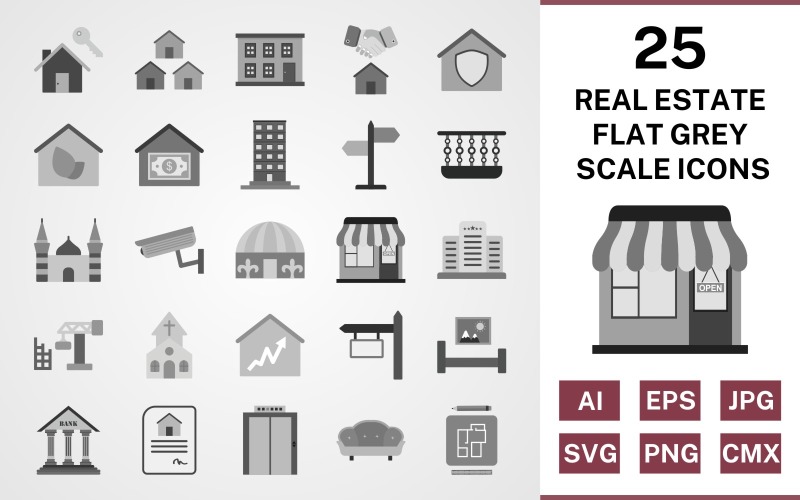 Download Набор иконок "25 Real Estate Flat Greyscale Icon Set" / 25 Real Estate Flat Greyscale Icon Set - Набор иконок на тему city real estate,mosque,church,balcony,mansion,eco house,lift,yurt,bank,set,file,icon,icons,flat,vector,sign,symbol,pictogram,greyscale