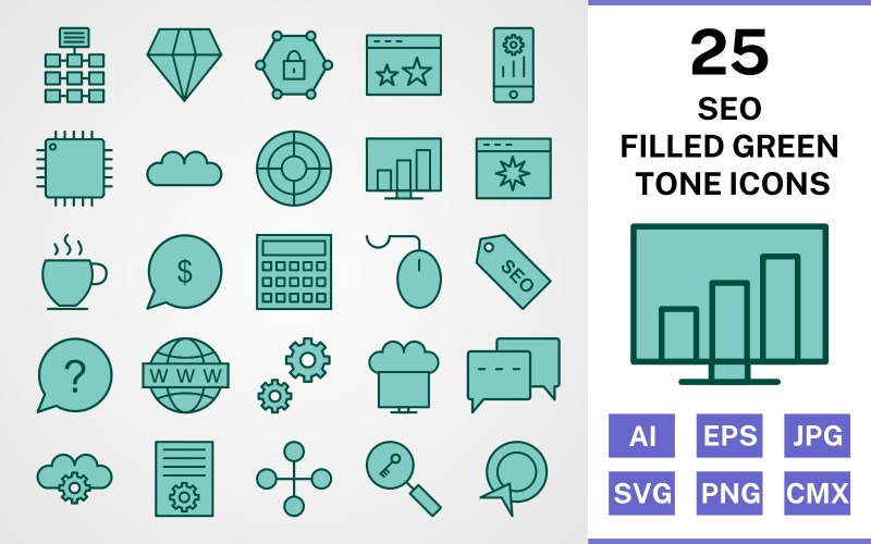 Download Набор иконок "25 Seo Filled Green Tone Icon Set" / 25 Seo Filled Green Tone Icon Set - Набор иконок на тему графика set,file,icon,icons,filled,vector,sign,symbol,pictogram,green,tone,seo,network,settings,stats,diamond,conversation,starred,target,processor