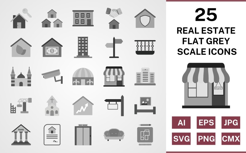 25 Set di icone piatto in scala di grigi immobiliare