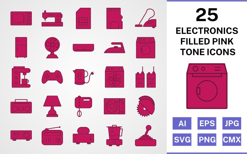Set di icone tono rosa riempito di 25 dispositivi elettronici