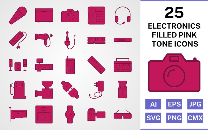 Set di icone tono rosa riempito di 25 dispositivi elettronici