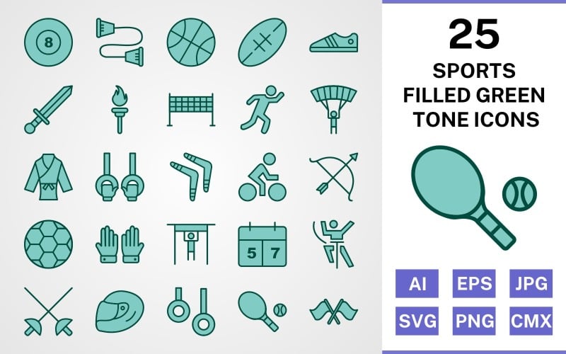 Download Набор иконок "25 Sports And Games Filled Green Tone Icon Set" / 25 Sports And Games Filled Green Tone Icon Set - Набор иконок на тему sports set,file,icon,icons,filled,vector,sign,symbol,pictogram,green,tone,sports,games,karate,rugby,pool,runner,tennis,racing,bow