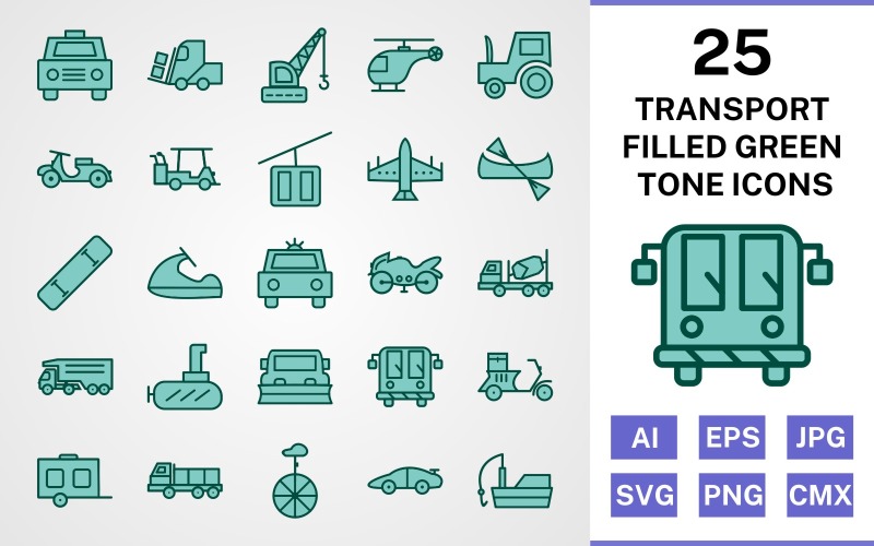 25 Transport wypełniony zielonym tonem zestaw ikon