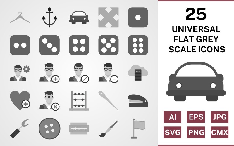 Download Набор иконок "25 Universal Flat Greyscale Icon Set" / 25 Universal Flat Greyscale Icon Set - Набор иконок set,file,icon,icons,flat,vector,sign,symbol,pictogram,greyscale,universal,hanger,dice six,flag,needle,edit profile,staper,button,blade