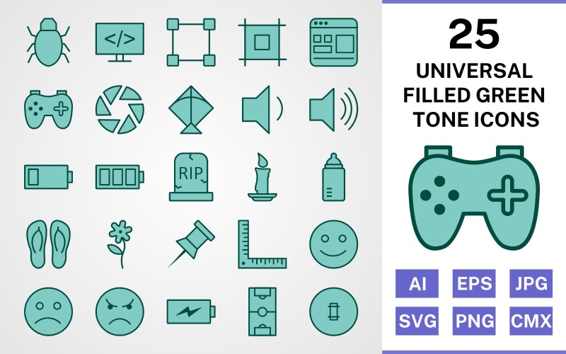 25 Universal fylld grön ton ikonuppsättning
