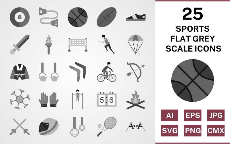 25 deportes y juegos plano conjunto de iconos en escala de grises