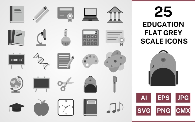 25 Educación plana conjunto de iconos en escala de grises