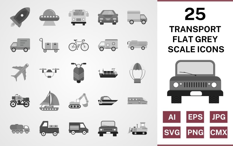 25 Ensemble d'icônes de transport plat en niveaux de gris