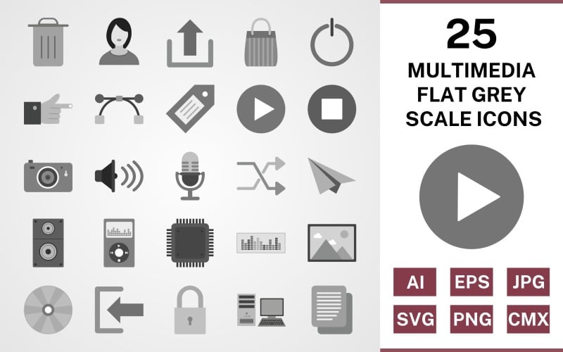 Download Набор иконок "25 Multimedia Flat Greyscale Icon Set" / 25 Multimedia Flat Greyscale Icon Set - Набор иконок на тему data set,file,icon,icons,flat,vector,sign,symbol,pictogram,greyscale,multimedia,logout,copy,shuffle,play,stop,upload,speaker,sign in