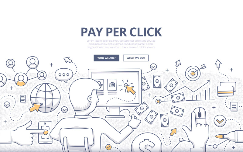 Download Vector "Pay Per Click Doodle Concept - Vector Image" / Pay Per Click Doodle Concept - Vector Image - Vector на тему графика web,vector,advertising,abstract,business,marketing,social media,tech,online,money,pointer,doodle,concept,internet,traffic,cash,revenue,pay per click,ppc,sponsored link
