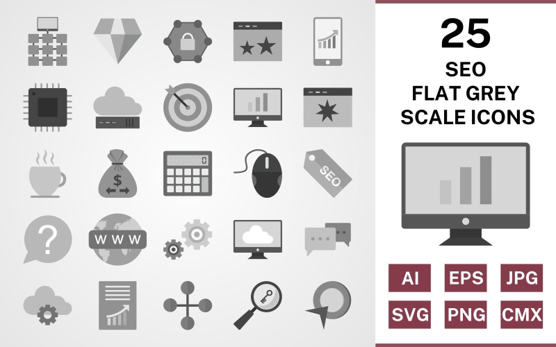 Download Набор иконок "25 Seo Flat Greyscale Icon Set" / 25 Seo Flat Greyscale Icon Set - Набор иконок на тему network set,file,icon,icons,flat,vector,sign,symbol,pictogram,greyscale,seo,network,settings,stats,diamond,conversation,starred,target,processor