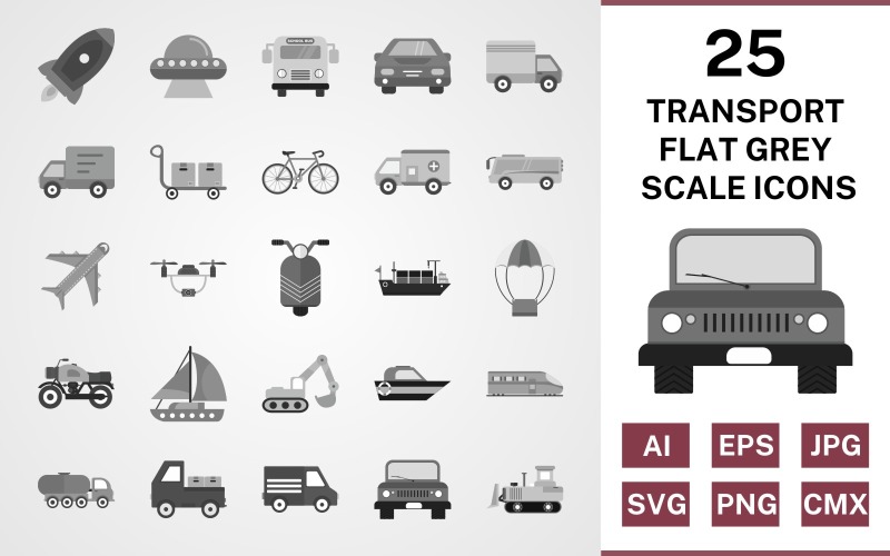 Download Набор иконок "25 Transport Flat Greyscale Icon Set" / 25 Transport Flat Greyscale Icon Set - Набор иконок на тему transport set,file,icon,icons,flat,vector,sign,symbol,pictogram,greyscale,transport,car,bus,boat,van,carrier,jeep,airplane,scooter