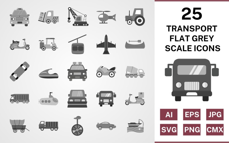 Download Набор иконок "25 Transport Flat Greyscale Icon Set" / 25 Transport Flat Greyscale Icon Set - Набор иконок на тему transport set,file,icon,icons,flat,vector,sign,symbol,pictogram,greyscale,transport,taxi,wagon,dumper,submarine,golf cart,vespa,loader,fishing boat