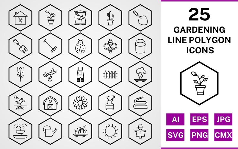 Download Набор иконок "25 Gardening Line Polygon Icon Set" / 25 Gardening Line Polygon Icon Set - Набор иконок на тему nature set,file,icon,icons,line,vector,sign,symbol,pictogram,polygon,gardening,sprout,pail,hose,barn,root,grass,watercan,trowel