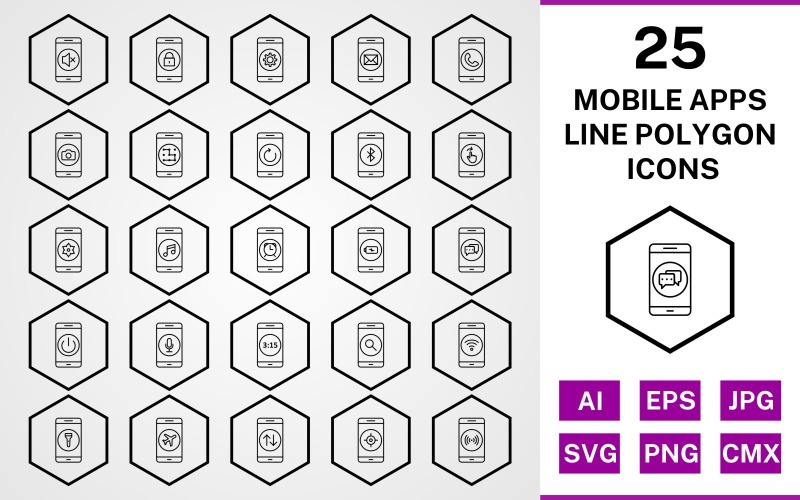 Download Набор иконок "25 Mobile Apps Line Polygon Icon Set" / 25 Mobile Apps Line Polygon Icon Set - Набор иконок на тему music set,file,icon,icons,line,vector,sign,symbol,pictogram,polygon,mobile apps,power off,music,camera,call,lock,silent,alarm,hotspt