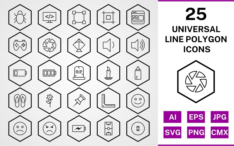 Download Набор иконок "25 Universal Line Polygon Icon Set" / 25 Universal Line Polygon Icon Set - Набор иконок на тему data set,file,icon,icons,line,vector,sign,symbol,pictogram,polygon,universal,flower,kite,bug,shutter,layout,candle,grave,low battery