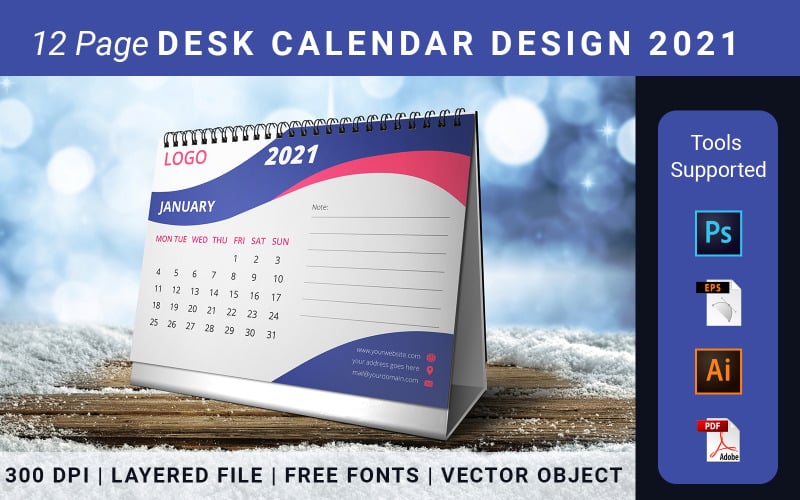 Bureaukalender 2021, 12 pagina's bureaukalender, tafelkalenderplanner