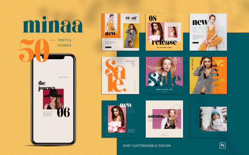 Download Шаблон для соцсетей "Minaa 50 Instagram Templates for Social Media" / Minaa 50 Instagram Templates for Social Media - Шаблон для соцсетей на тему графика fashion,furniture,architecture,blogger,content creator,influencer,cosmetic,store,multipurpose,advertisement,templates,instagram,promotion,sale,quotes,collection,brand